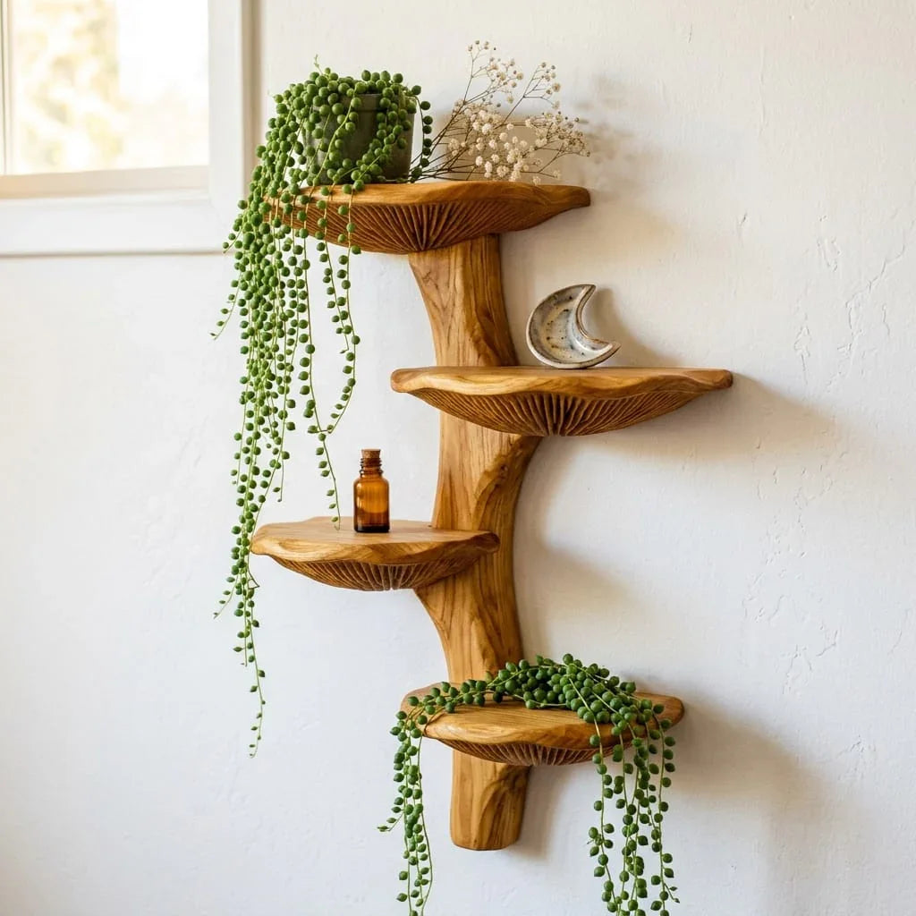 Houten paddenstoel wandplank met vier verspringende schappen voor hangplanten