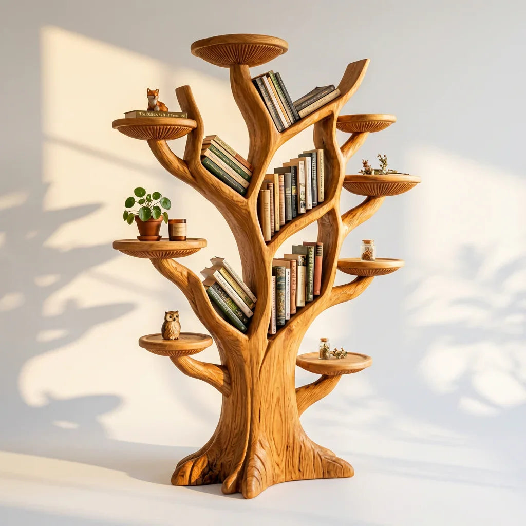 Vrijstaande massief houten boekenboom met paddenstoel plateaus