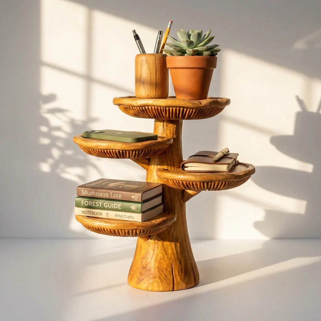 Handgemaakte houten paddenstoel bureau-organizer van massief hout