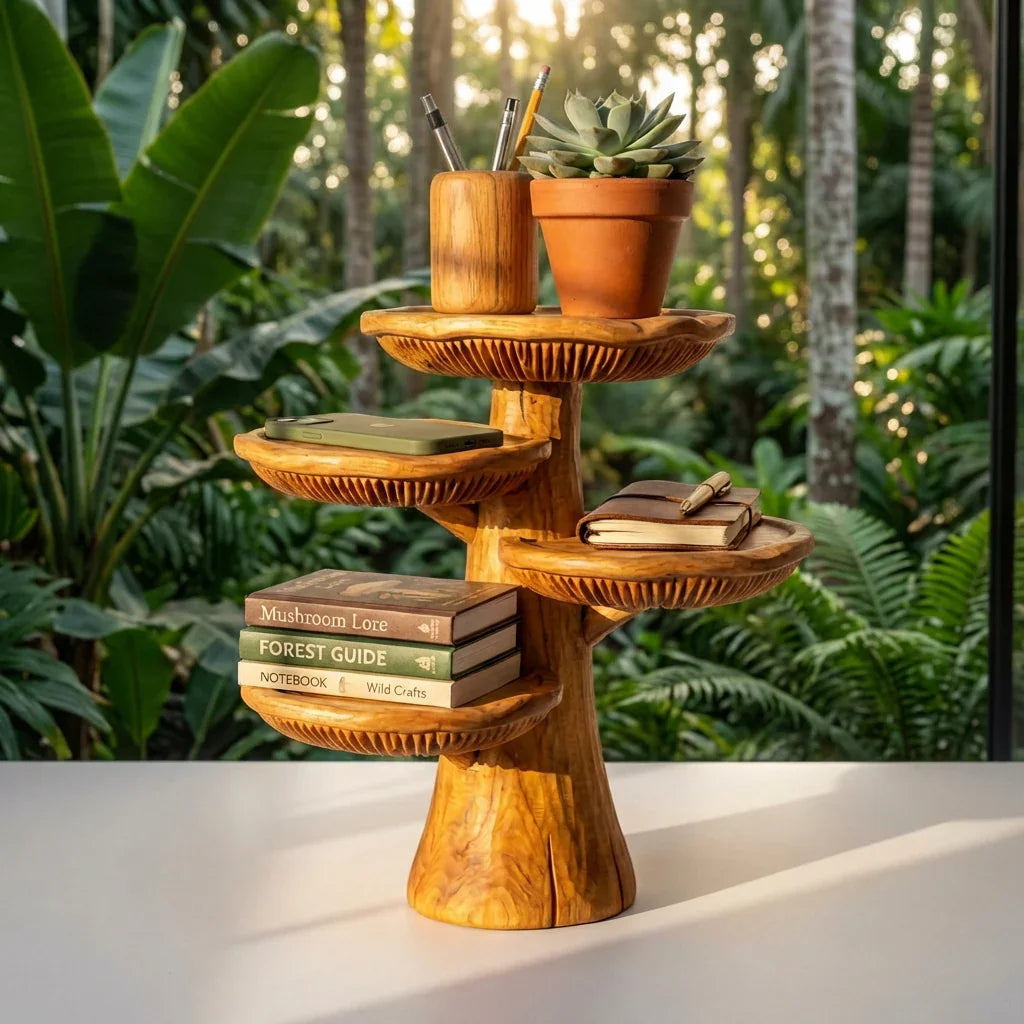 Handgemaakte houten paddenstoel bureau-organizer van massief hout