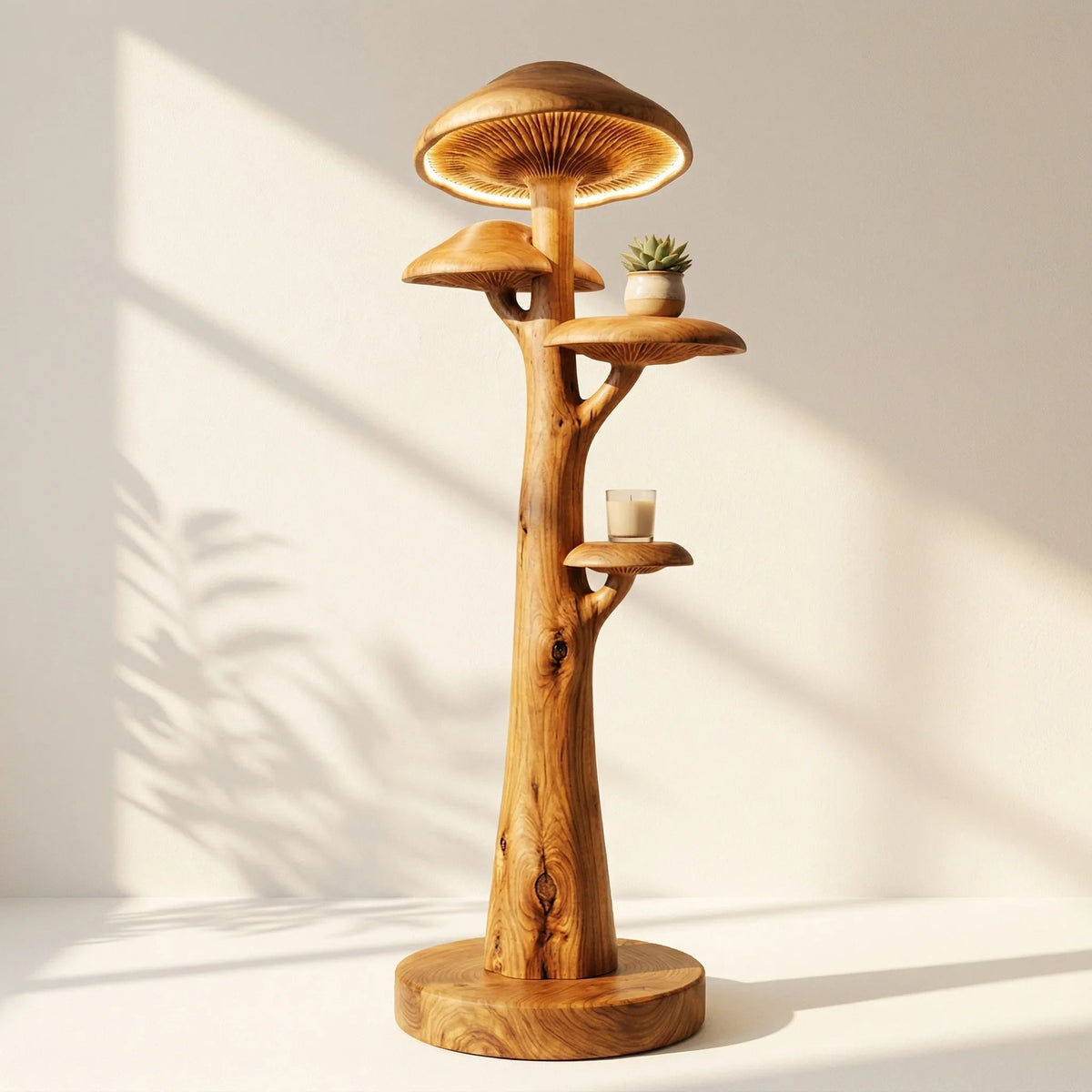 Houten vloerlamp geïnspireerd op paddenstoelen met twee plateaus en verlichting