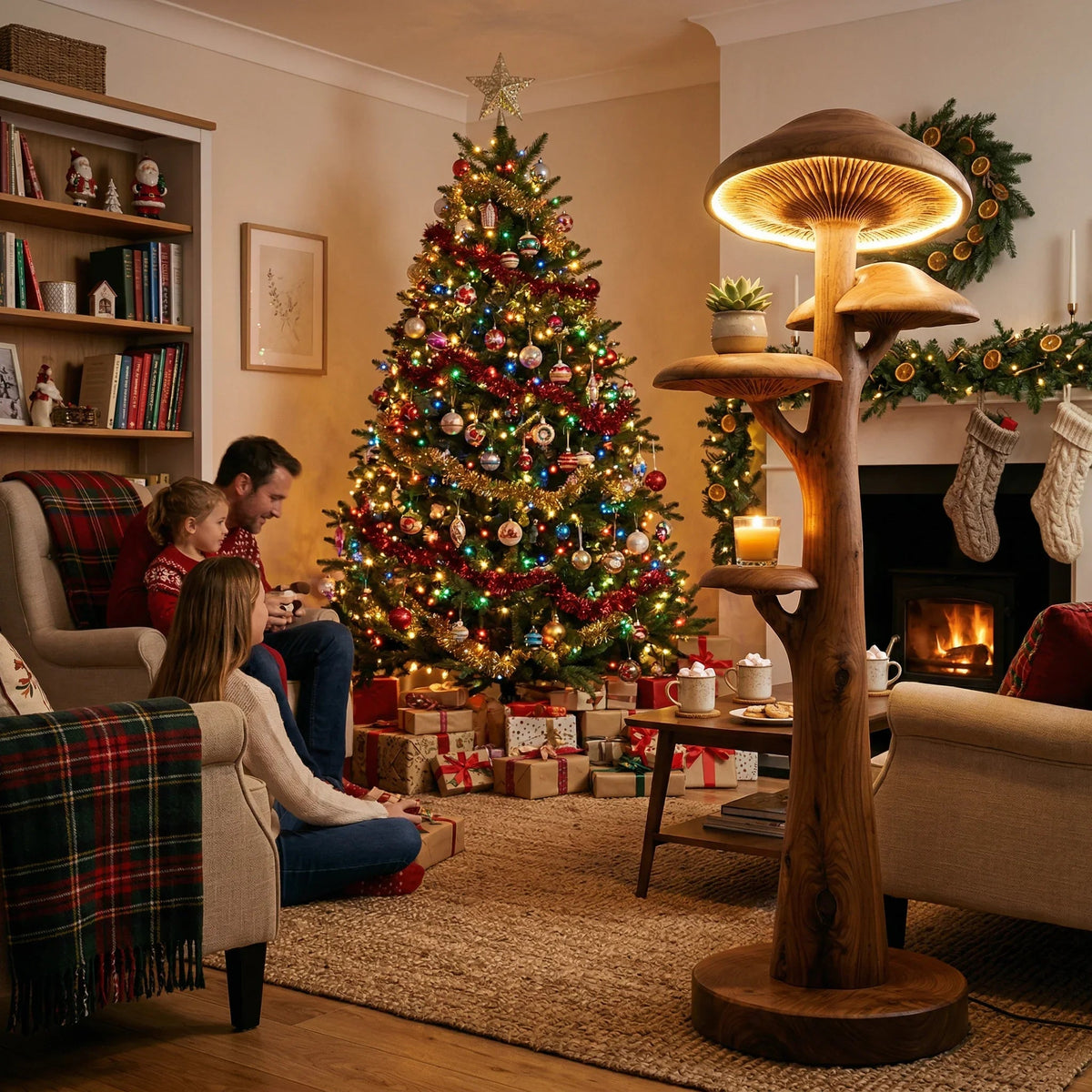 Mushroom tree floor lamp with glowing cap and built-in shelves, solid wood base, in cozy holiday living room with Christmas tree.