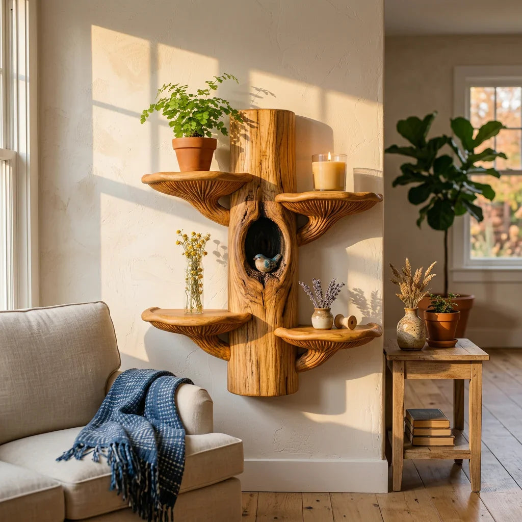 Symmetrische houten paddenstoel wandplank met waaiervormige schappen