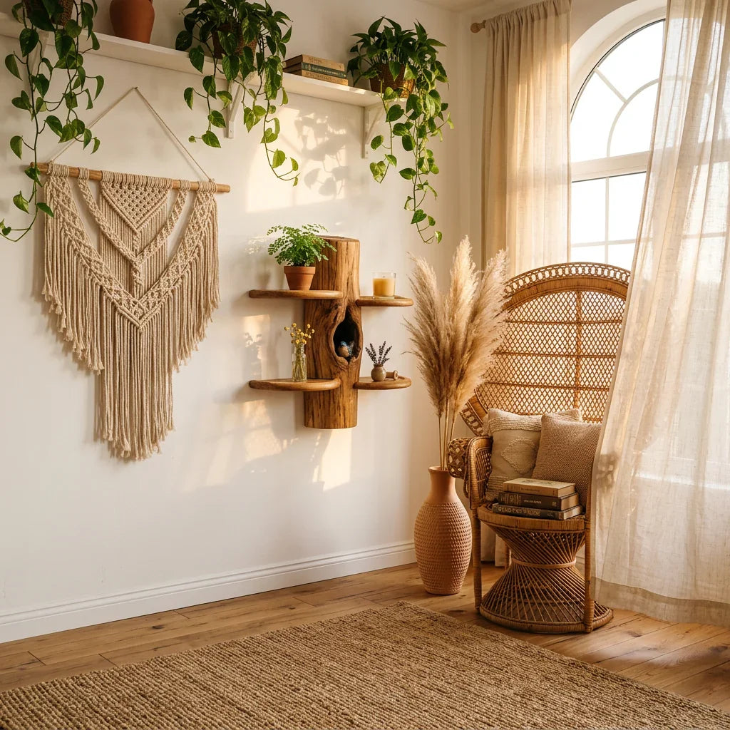 Symmetrische houten paddenstoel wandplank met waaiervormige schappen