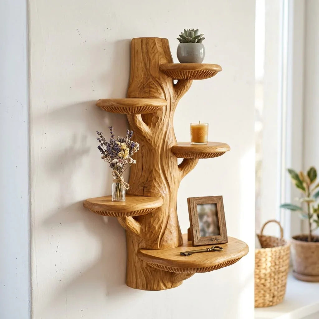 Massief houten boomstam wandplank met vijf halvemaanvormige plateaus