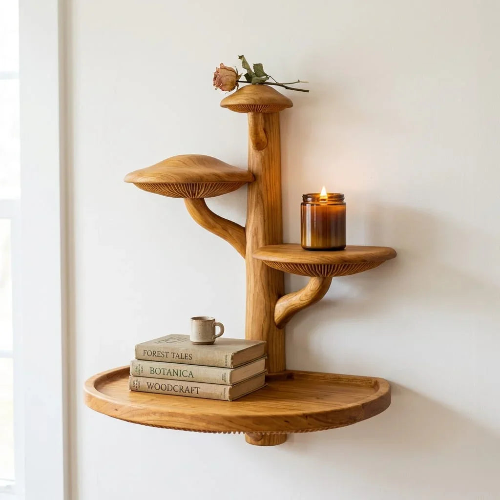 Hoek wandplank van massief hout met groot ovaal onderblad en paddenstoelen