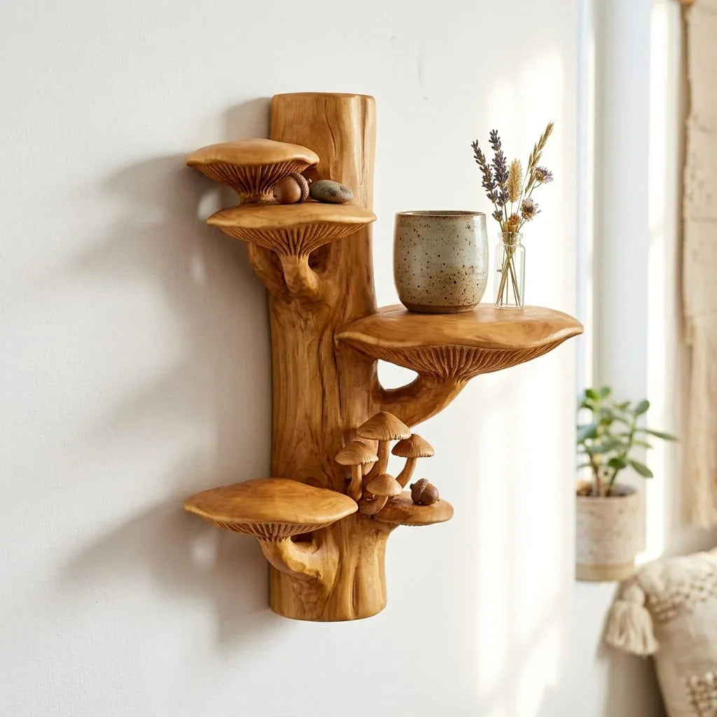 Boomstam wandplank met vier schappen en miniatuur paddenstoelencluster
