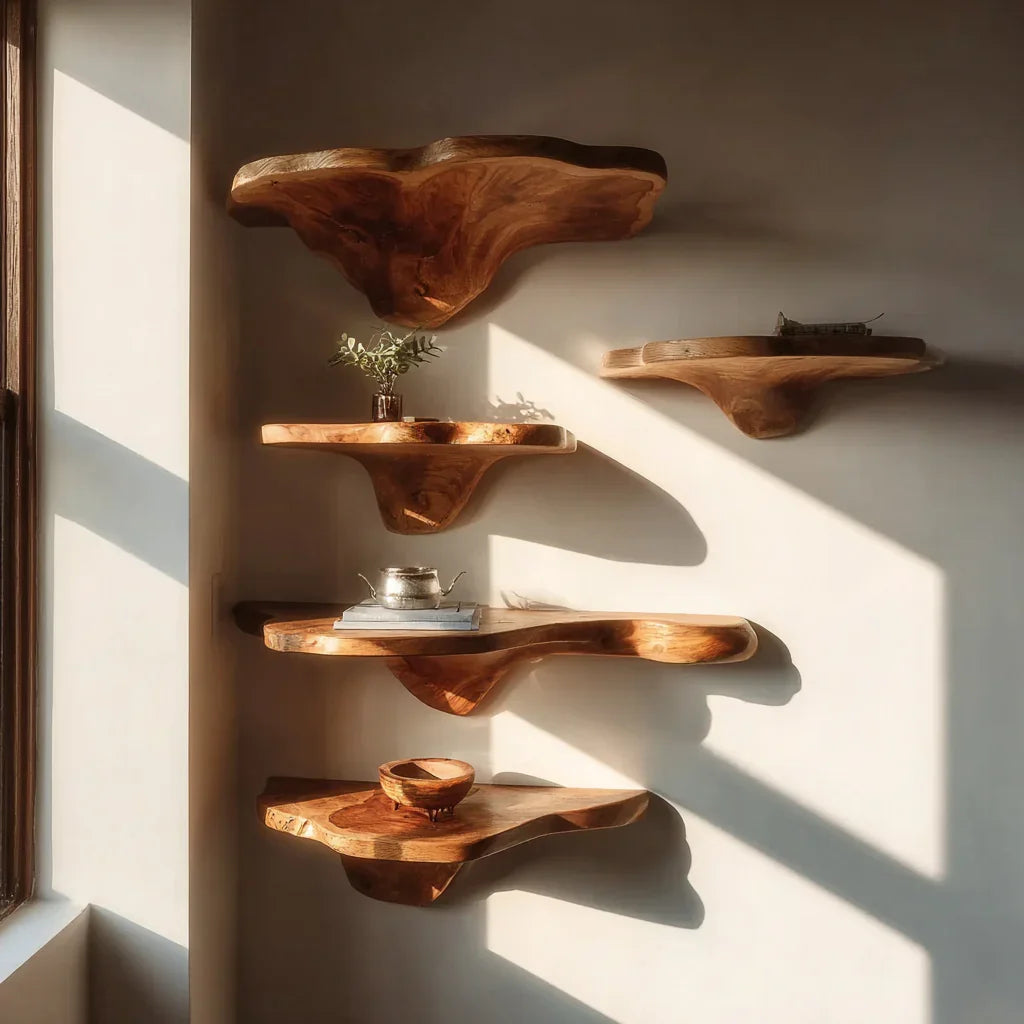 Zwevende boomrand houten wandplanken met minimalistische decoratie in zonlicht