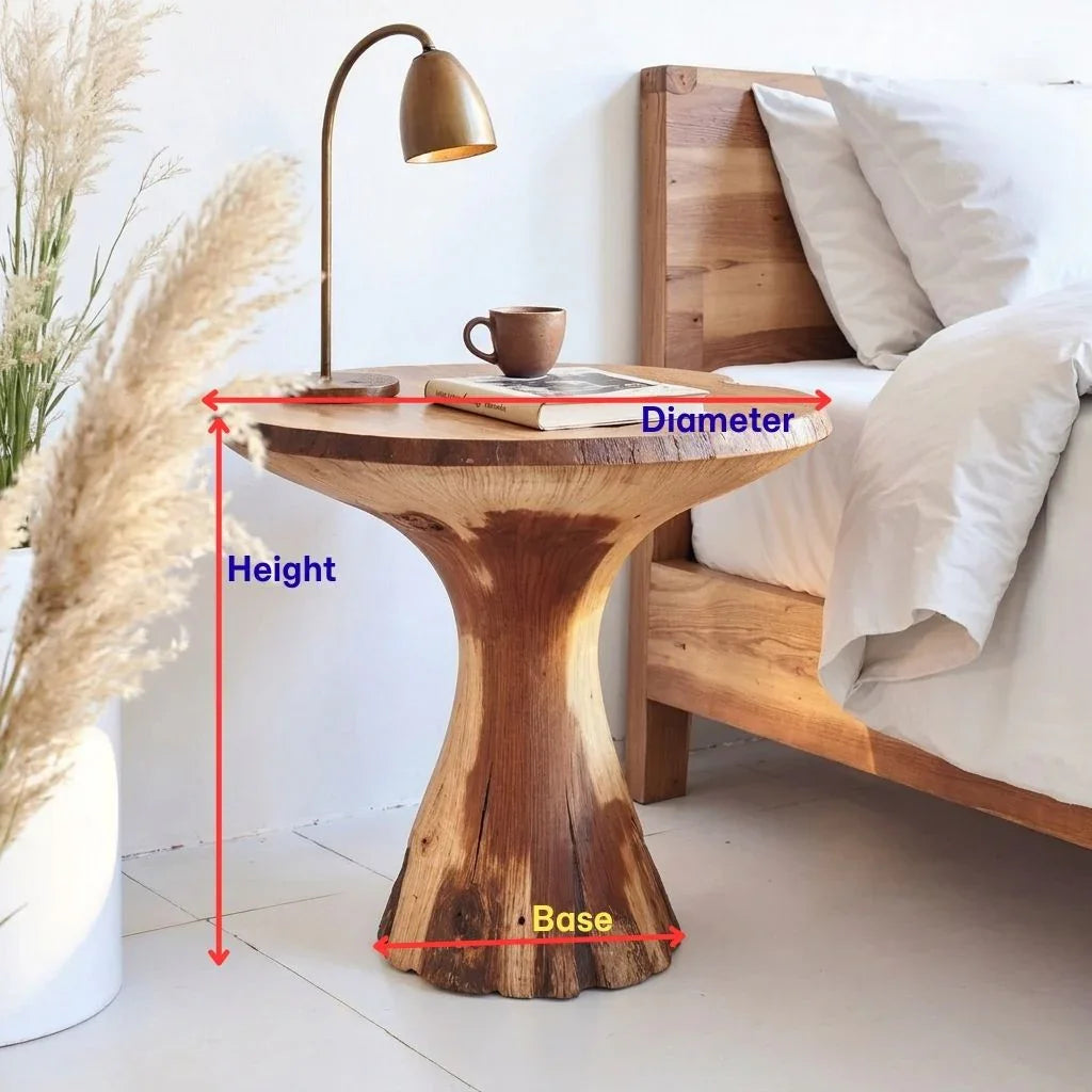Handgesneden massief houten paddenstoel bijzettafel met zandloper onderstel