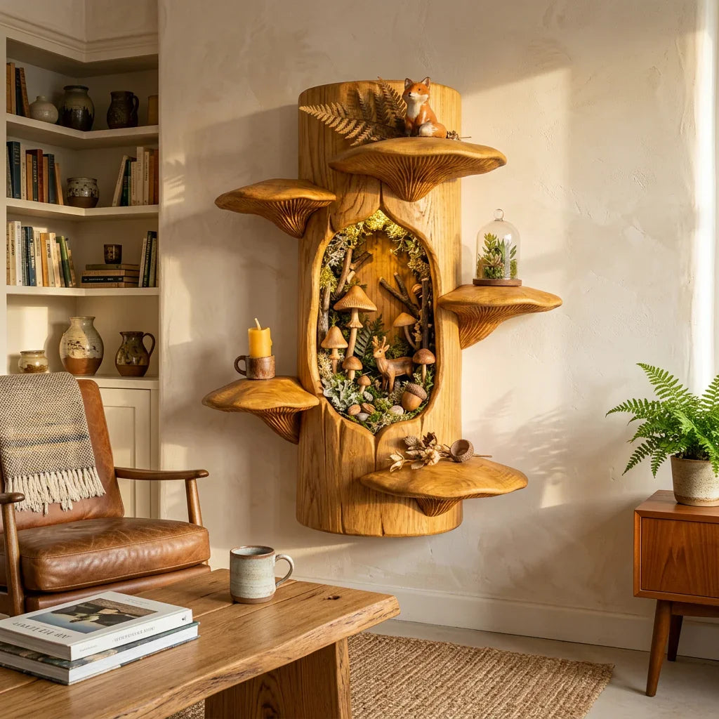 Wandplank van massief hout met bosnis en zes paddenstoel plateaus