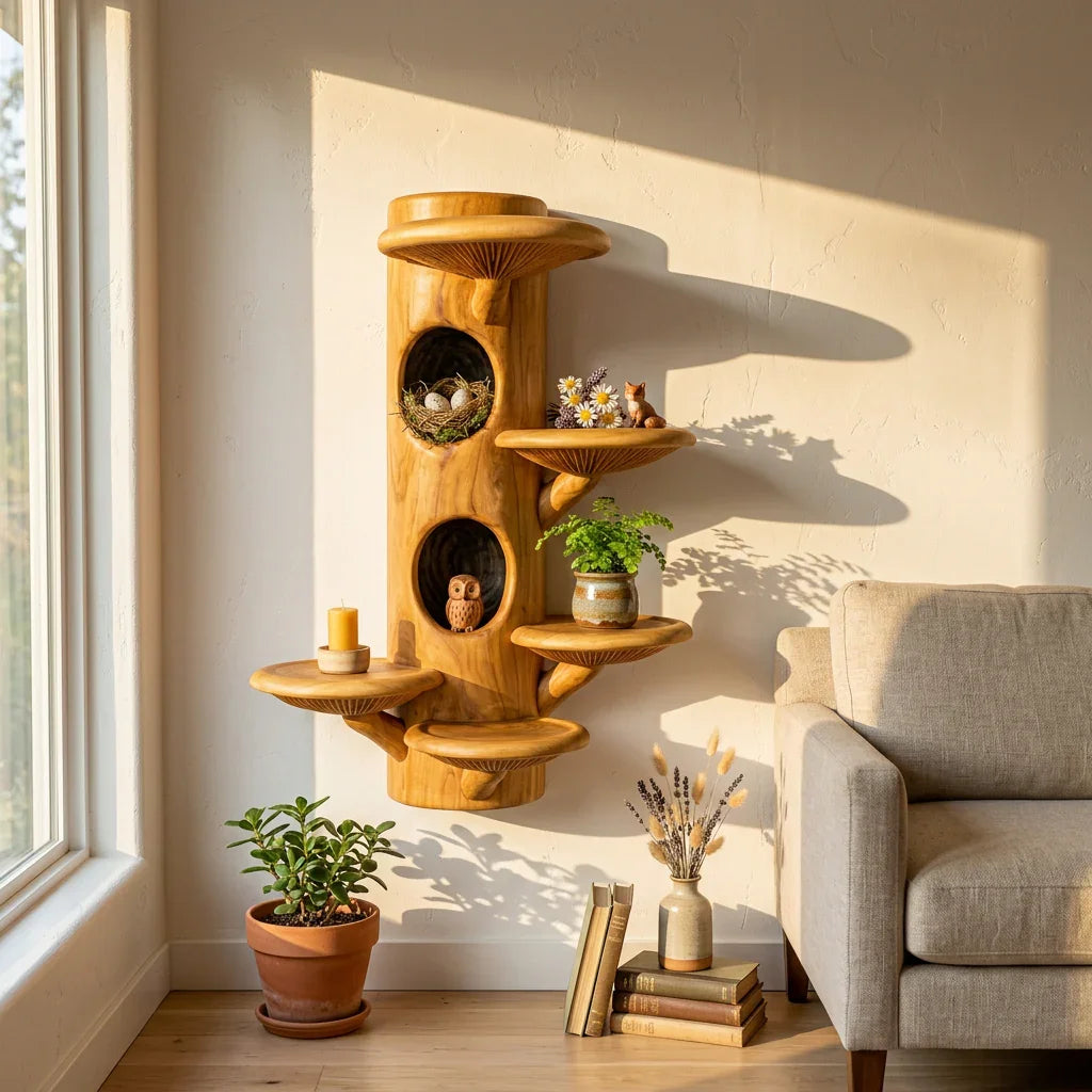 Zwevende houten paddenstoel schappen uit een gesneden stam voor sprookjesachtig decor