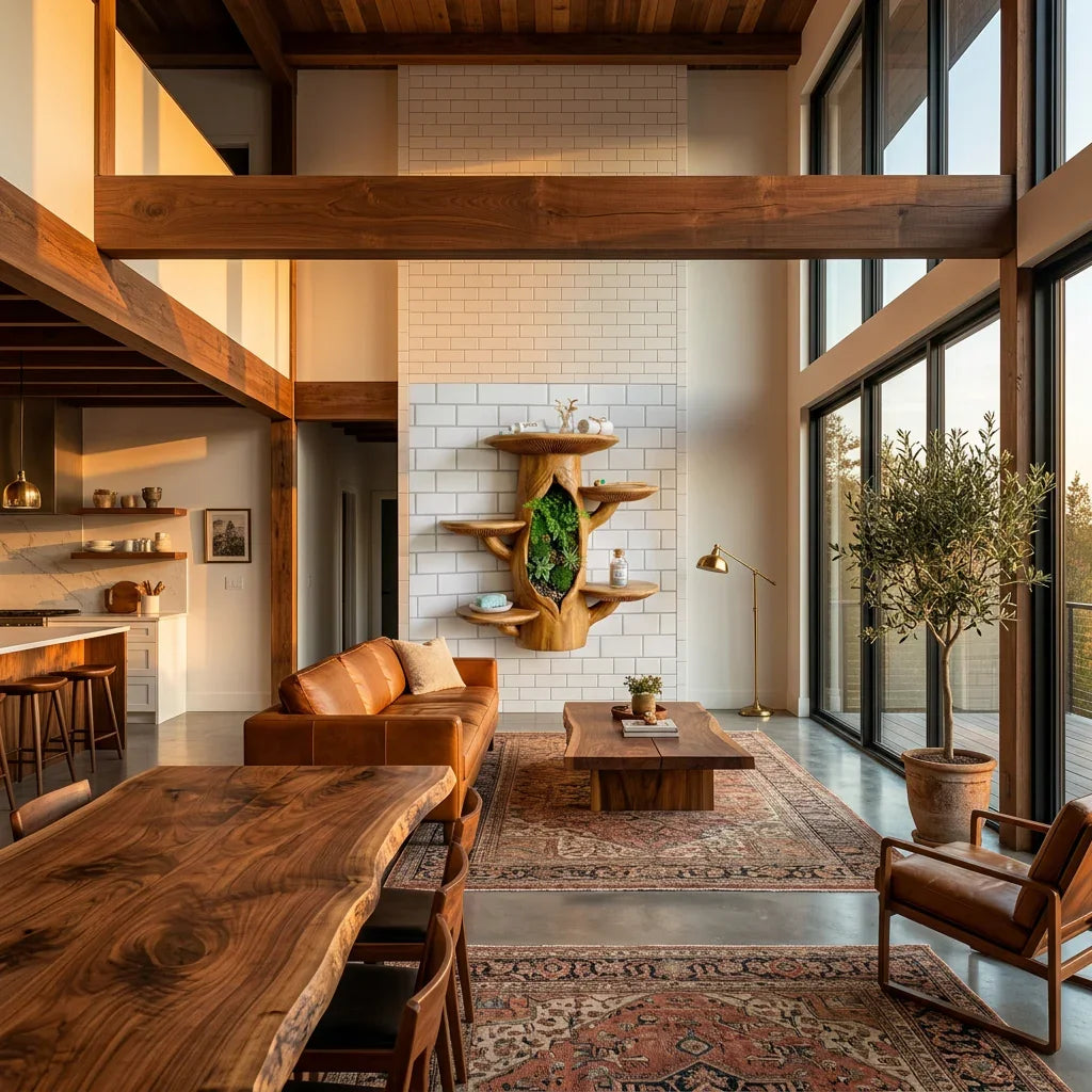 Houten boomstam wandplank met terrarium nis en paddenstoel plateaus