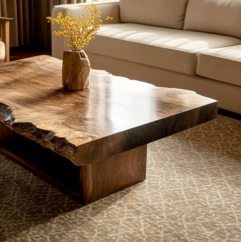 Organisch moderne massief houten salontafel met een krachtige vrije vorm