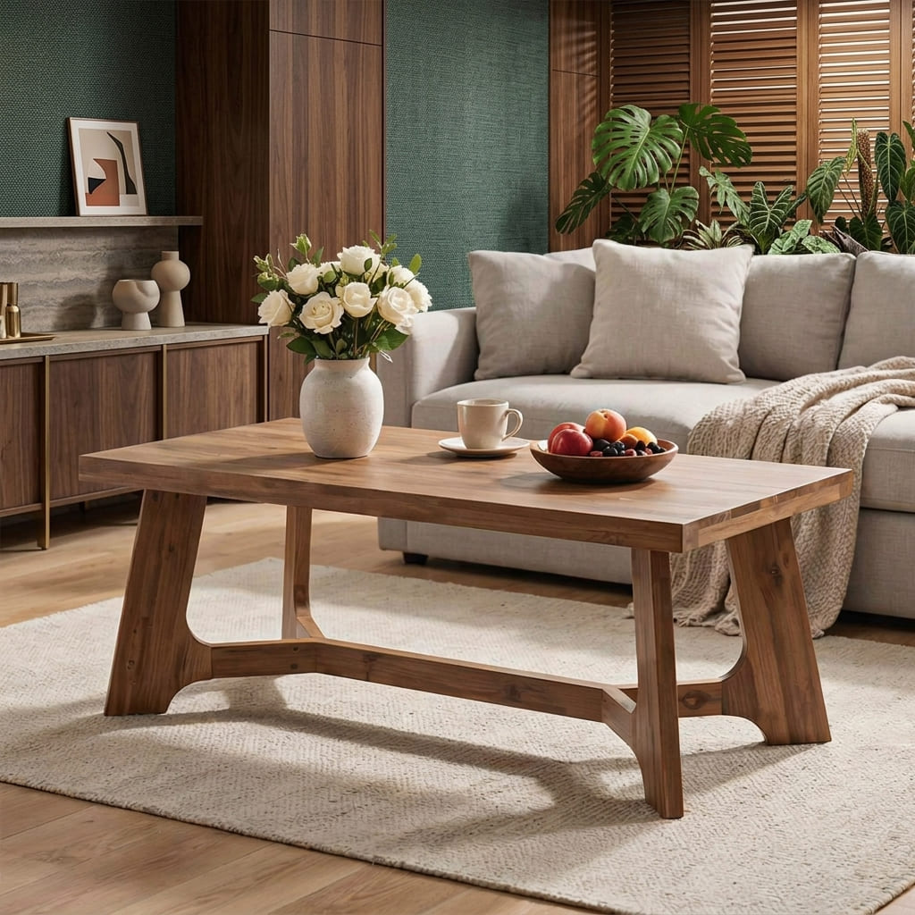 Boomrand massief houten salontafel in een moderne artistieke woonkamer