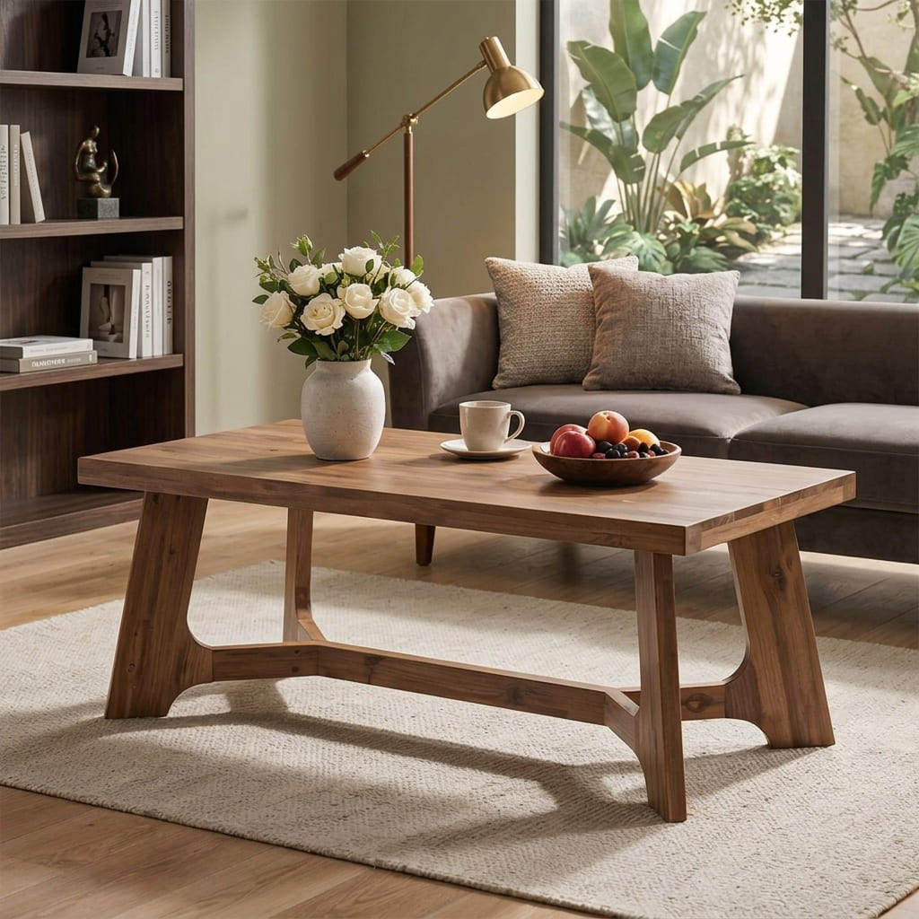 Sculpturale houten salontafel met artistiek X-vormig onderstel van massief hout