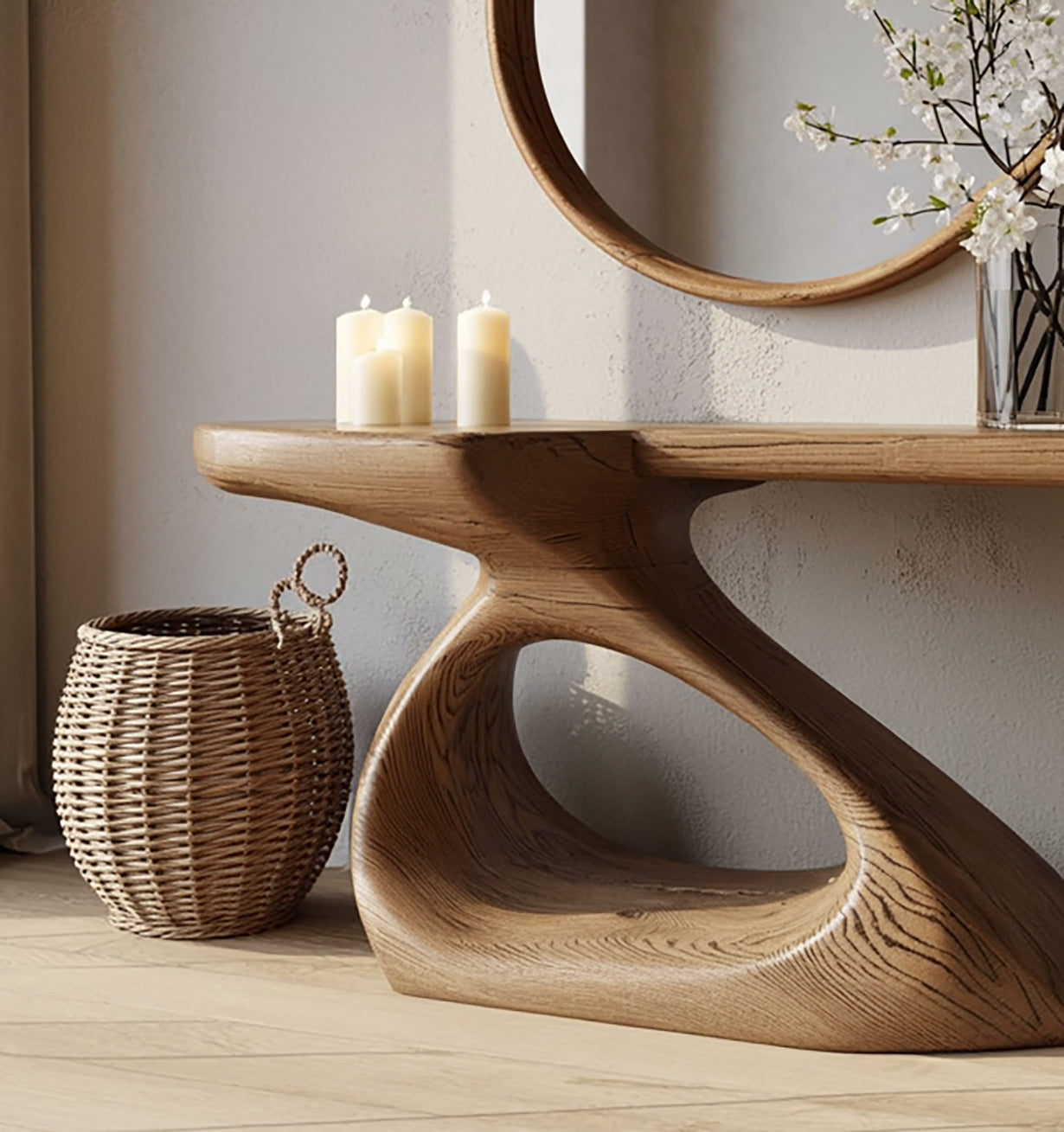 Natuurlijke Massief Houten Sidetable – Handgemaakte Sculpturale Haltafel