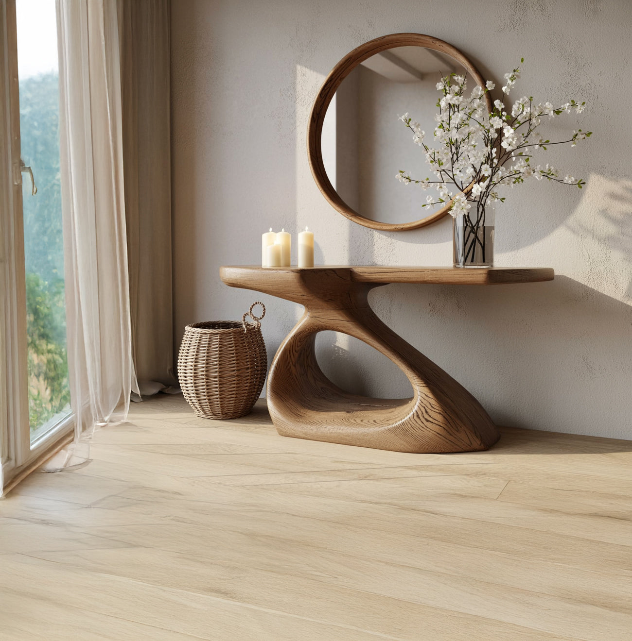 Natuurlijke Massief Houten Sidetable – Handgemaakte Sculpturale Haltafel