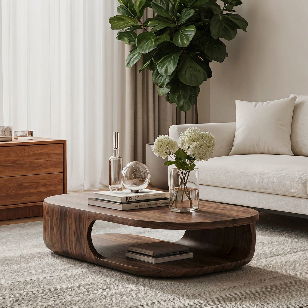 Organisch moderne massief houten salontafel met onderschap in een moderne woonkamer