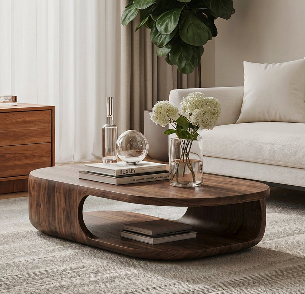 Organische gebogen salontafel van eersteklas massief hout met onderschap