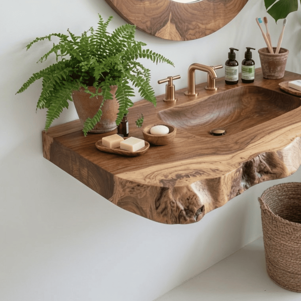 Handgemaakt massief houten wastafelblad met ingebouwde waskom