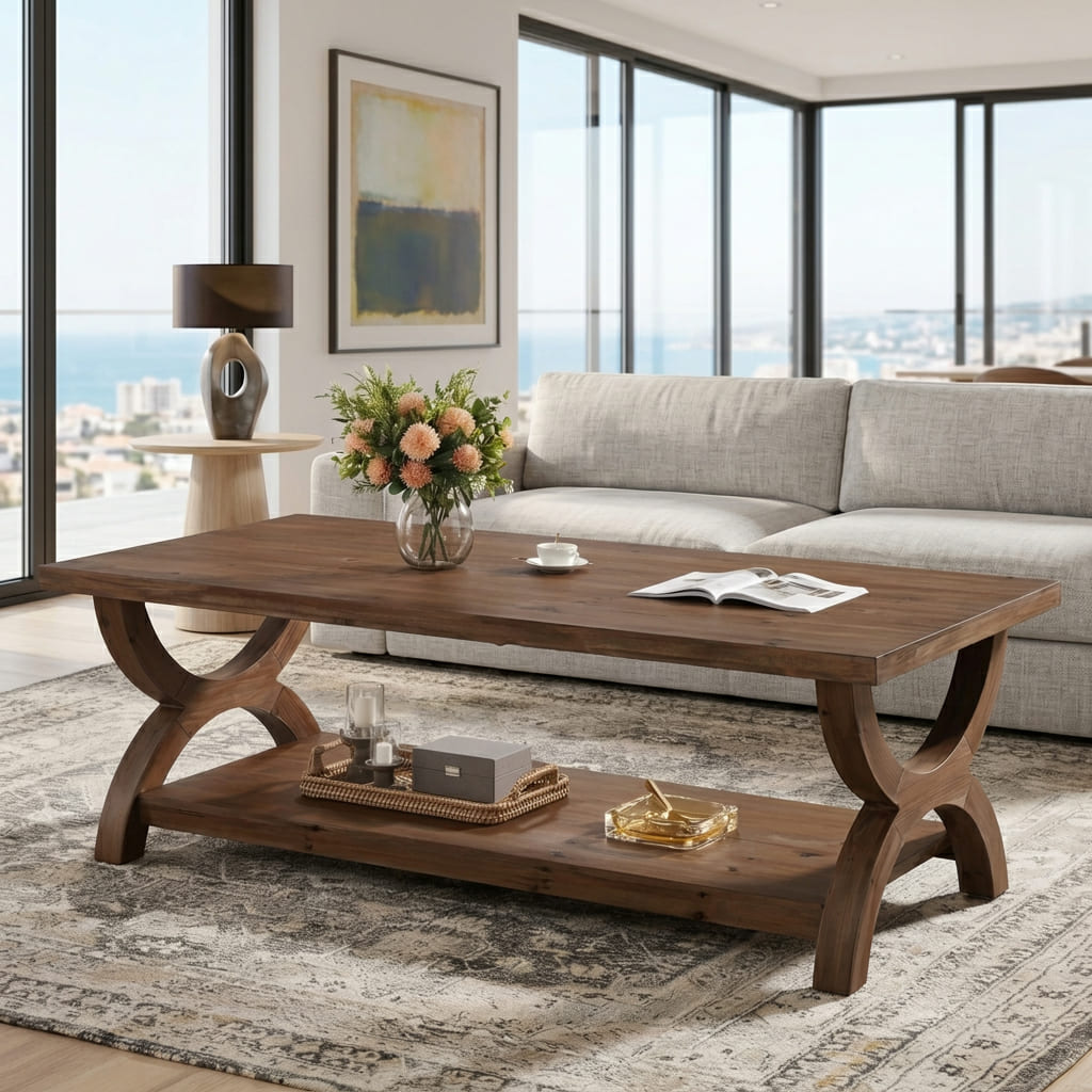 Sculpturale boomrand salontafel van massief hout met artistieke X-voet