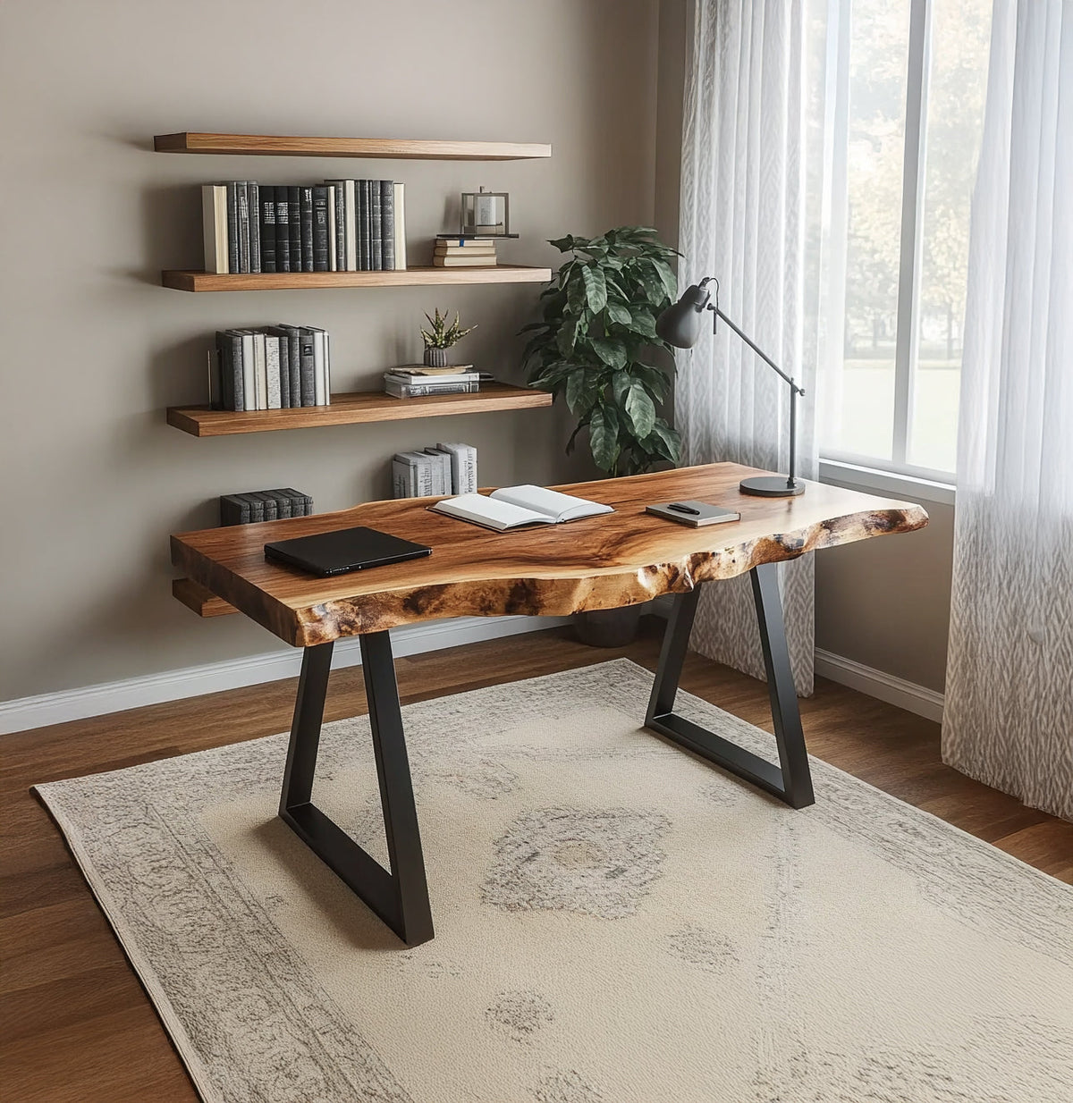 Organisch massief houten boomrand bureau met sculpturaal design