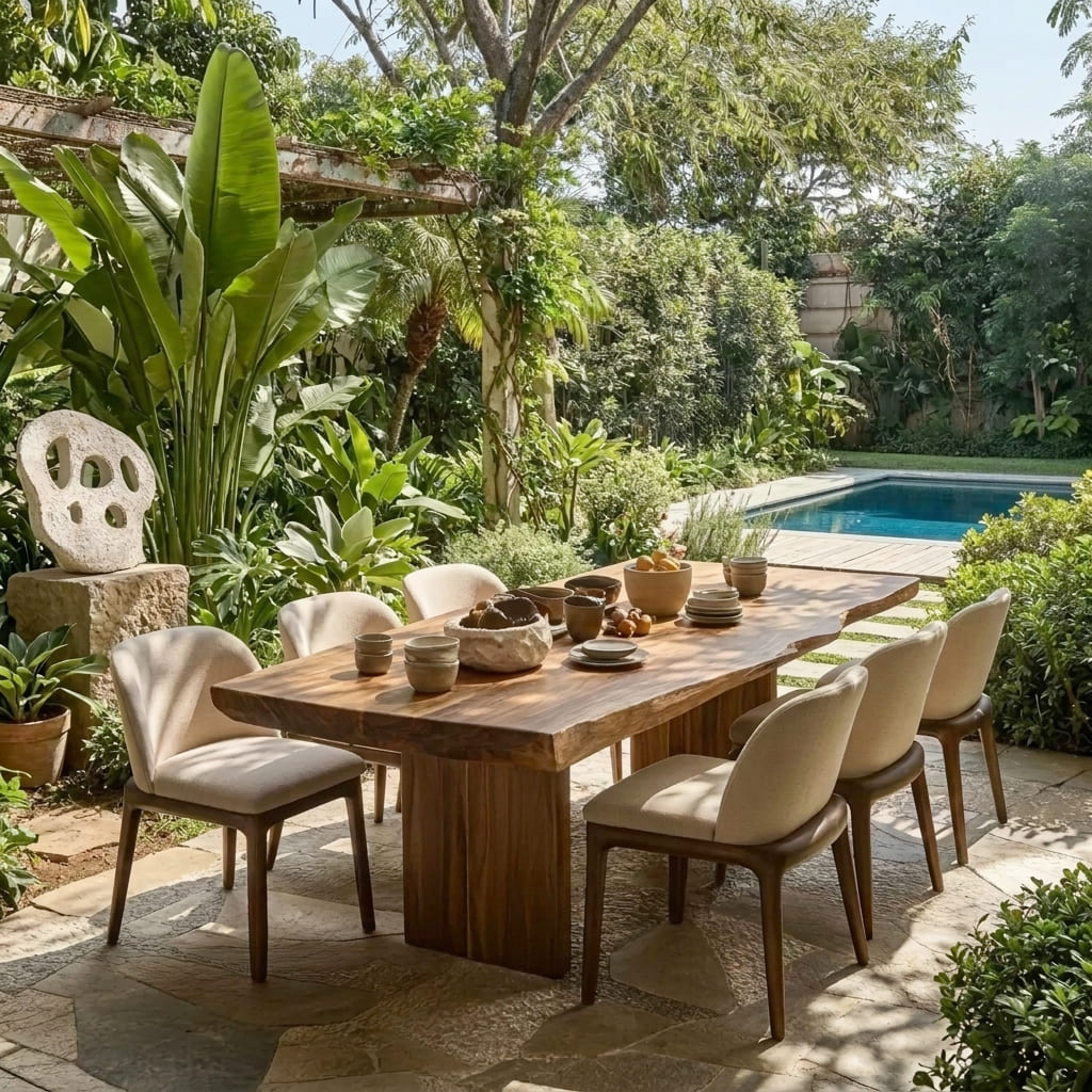 Organische boomrand buiteneettafel vervaardigd uit eersteklas massief hout