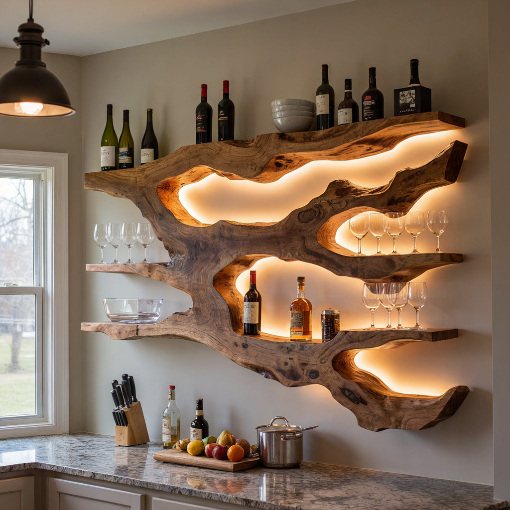 Organische boomrand sculpturale wandplank van massief hout