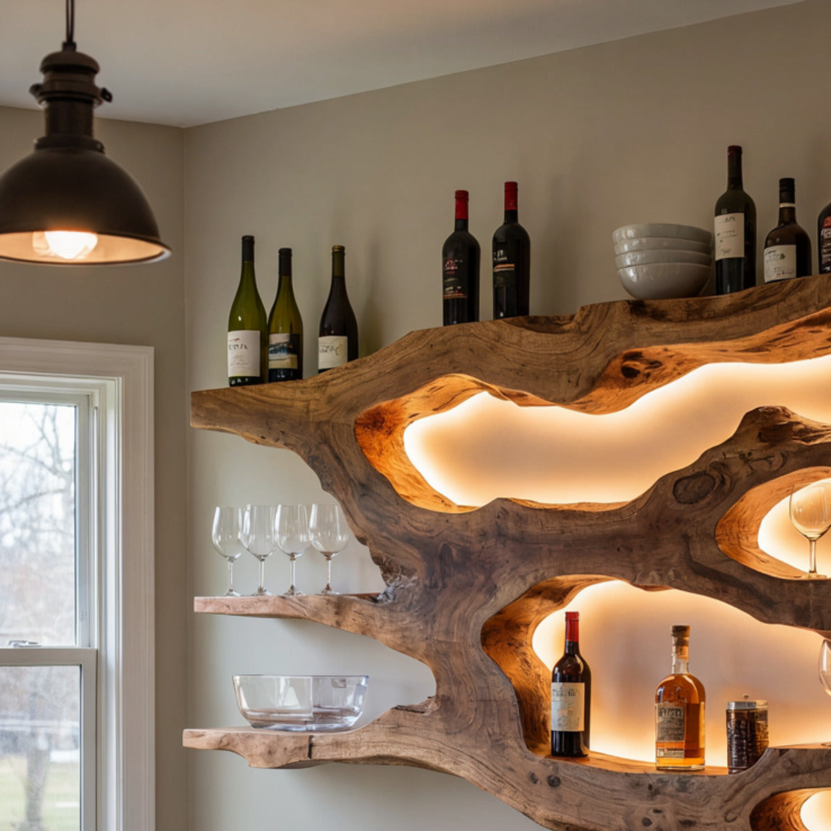 Moderne zwevende boomrand wandplank van natuurlijk hardhout