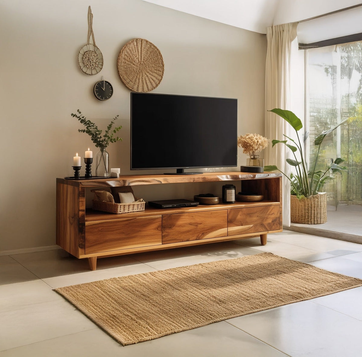 Organisch massief houten tv-meubel met boomrand in moderne woonkamer