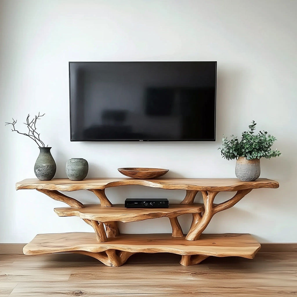 Organisch modern tv-meubel van boomrand massief hout met boomtakdetails