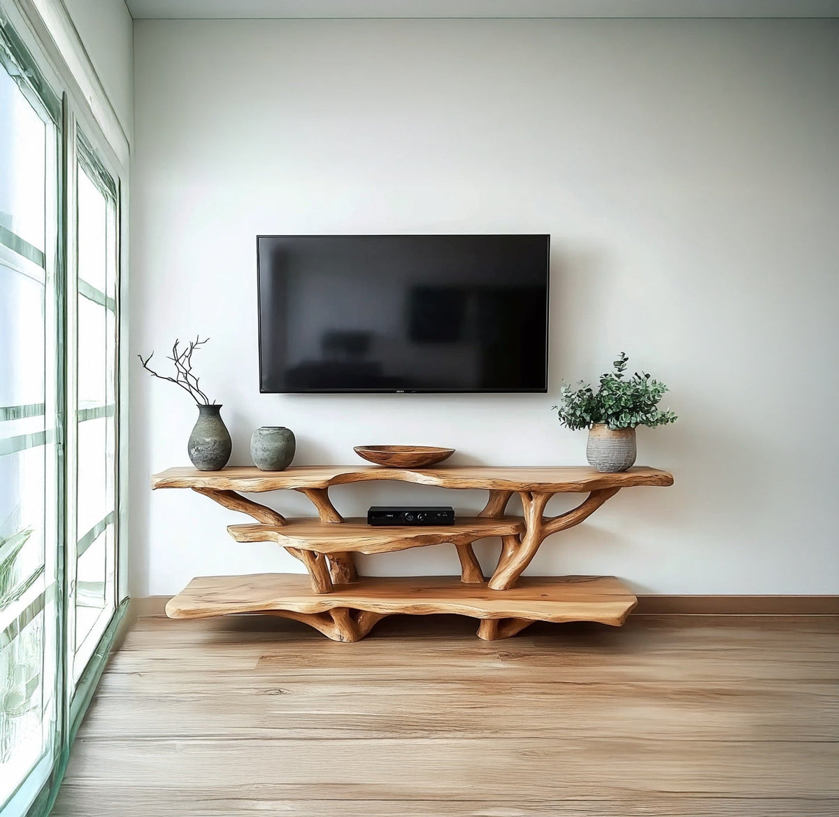 Sculpturaal massief houten tv-meubel met boomtakaccenten in moderne living