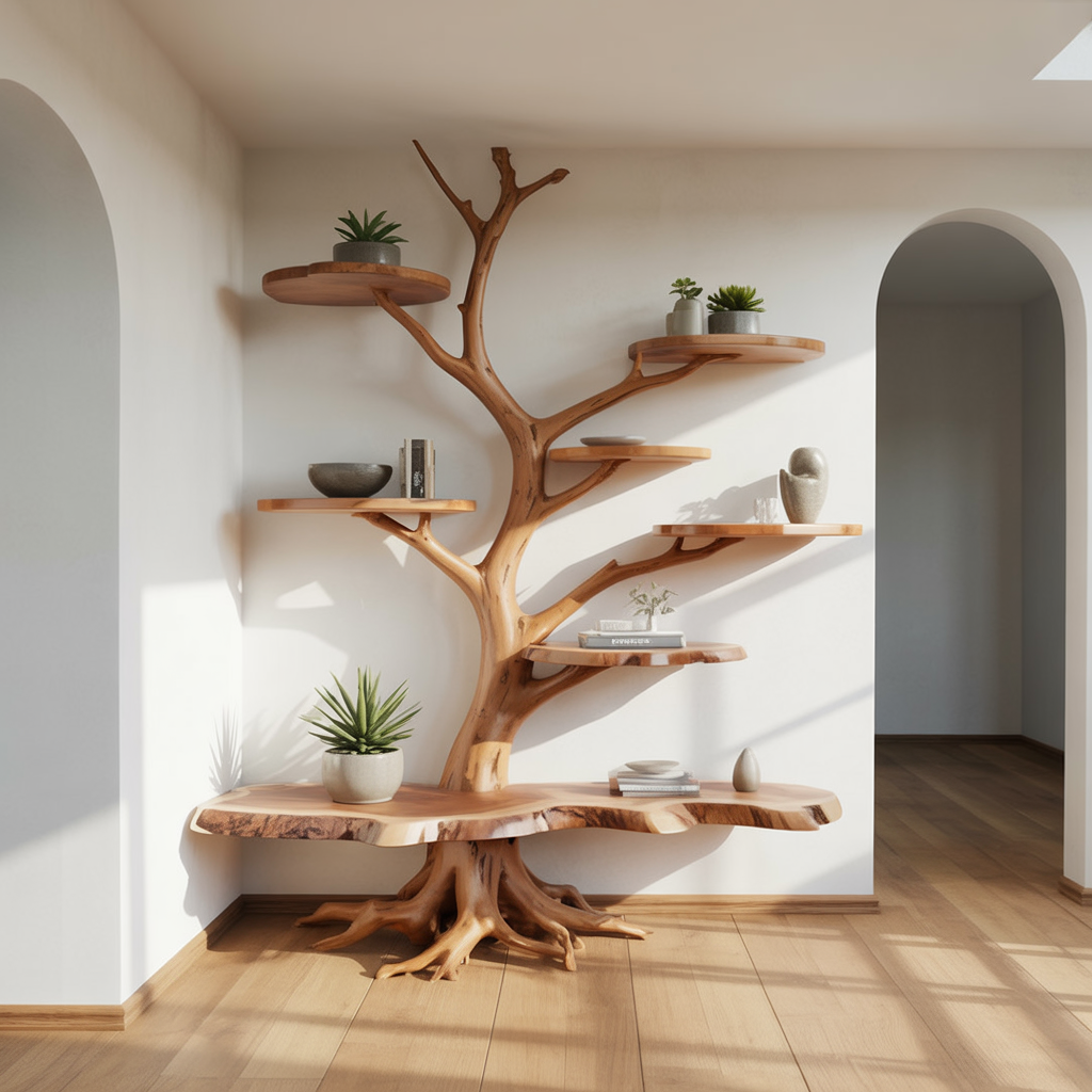 Houten boomboekenplank met een verfijnde wortelbasis naast een boogdoorgang