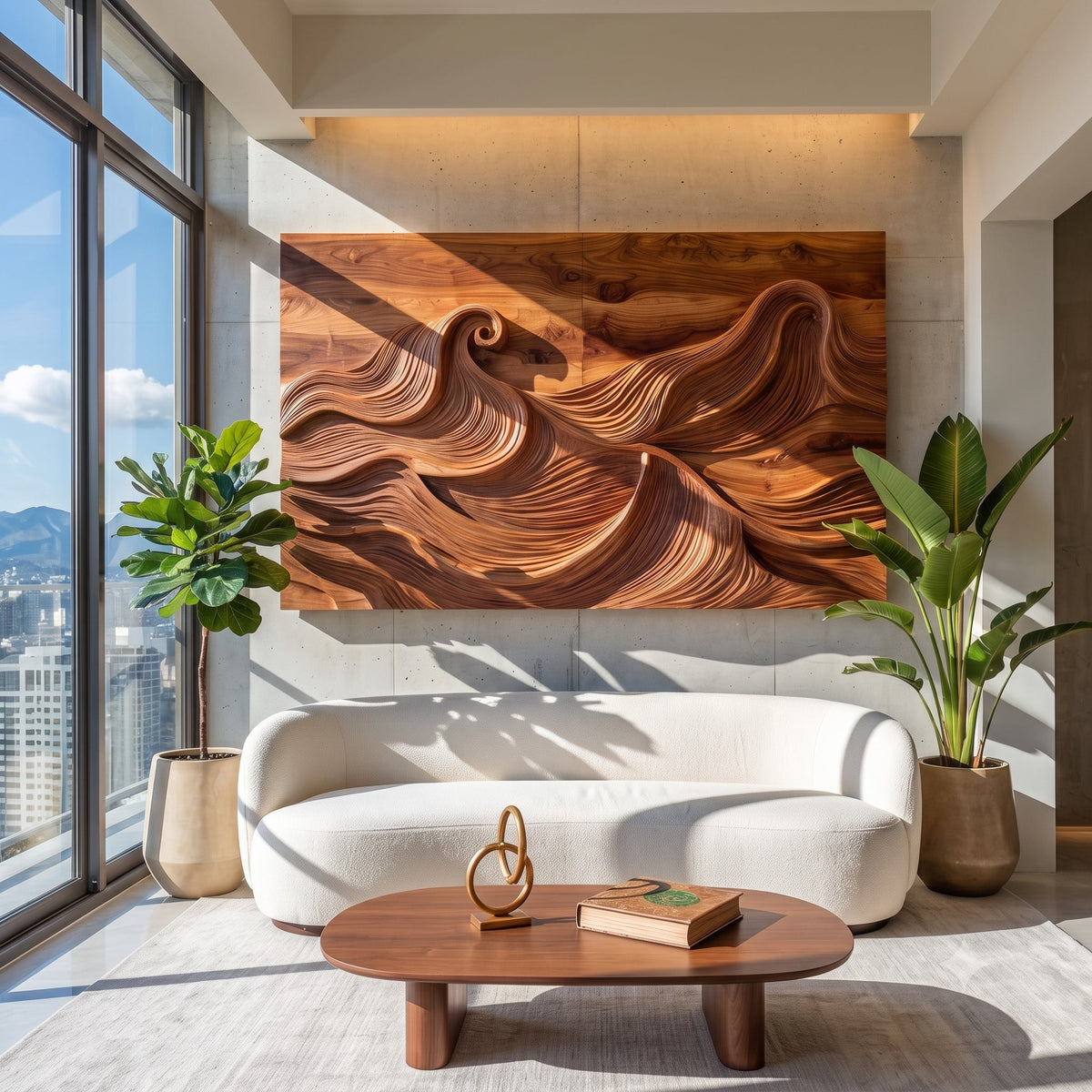 Handgemaakte houten golf-wandsculptuur boven de bank