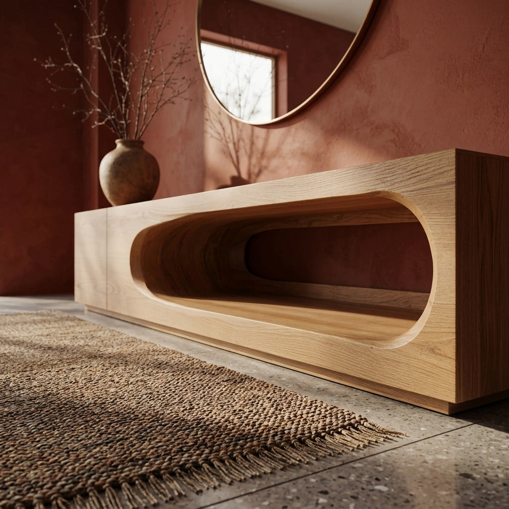 Organische massief houten consoletafel in een moderne hal