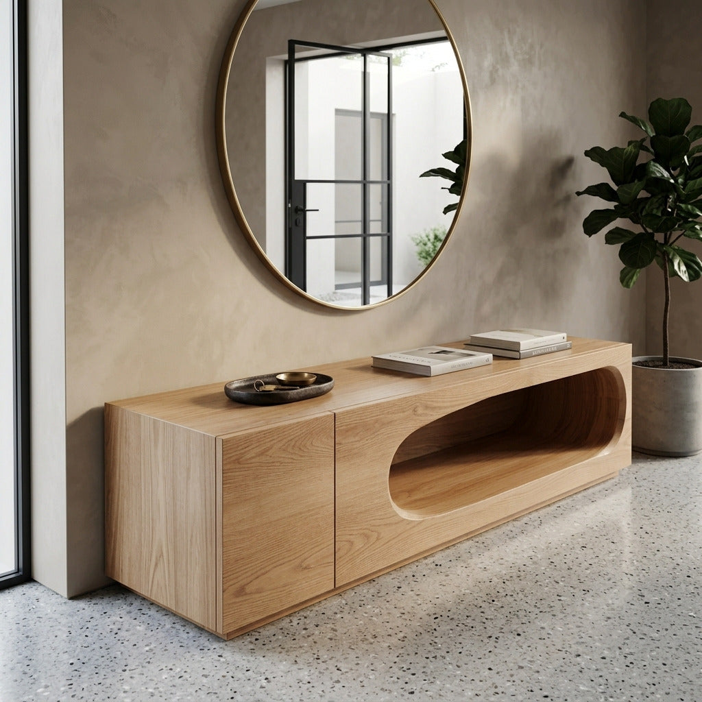 Organische consoletafel met ovale uitsparing van massief hout