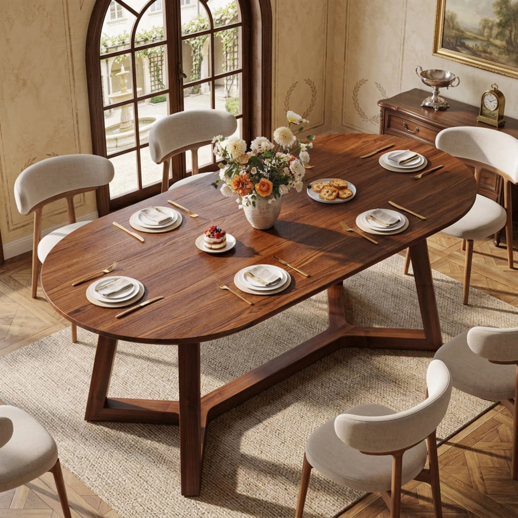 Sculpturale kruispoot eettafel met moderne stoelen in een luxe interieur