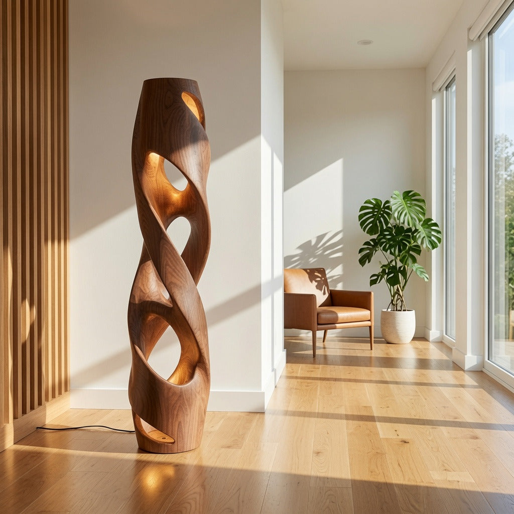 Moderne sculpturale houten vloerlamp in een knusse leeshoek