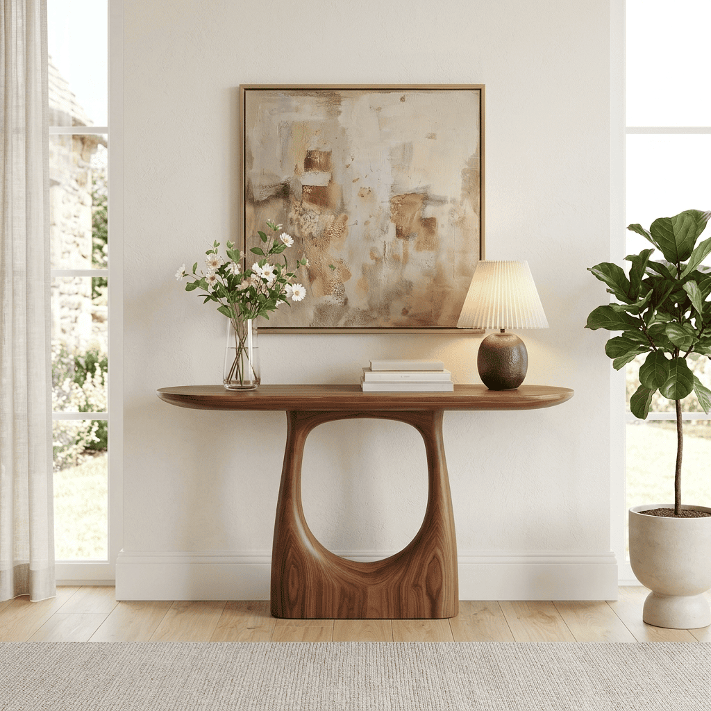 Minimalistische massief houten haltafel in een elegante entree
