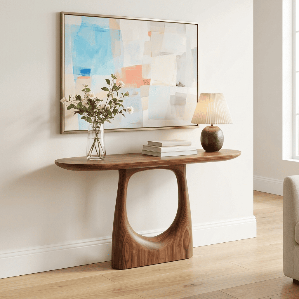 Organische massief houten sidetable in een moderne hal