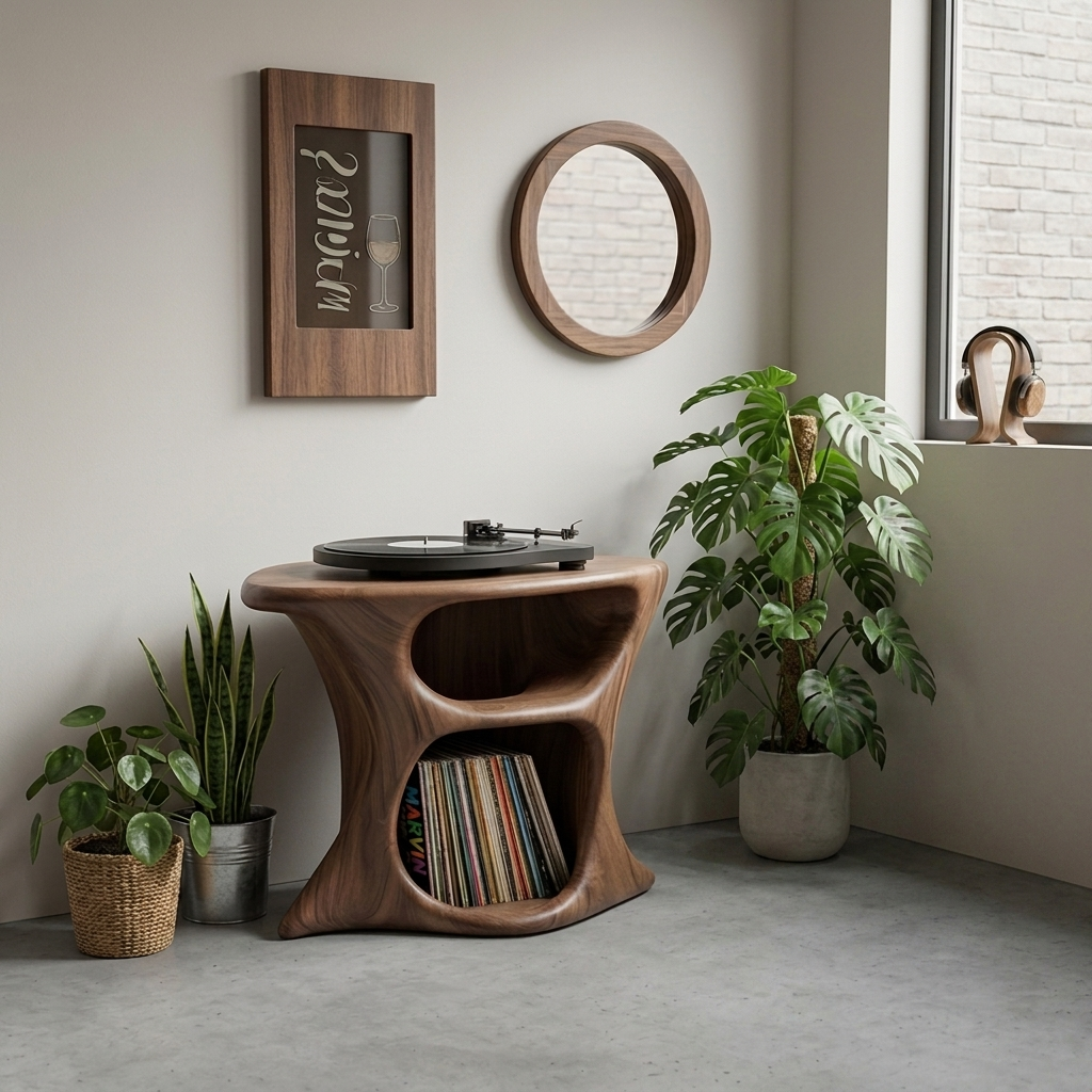 Luxe massief houten platenspeler meubel met minimalistisch modern design