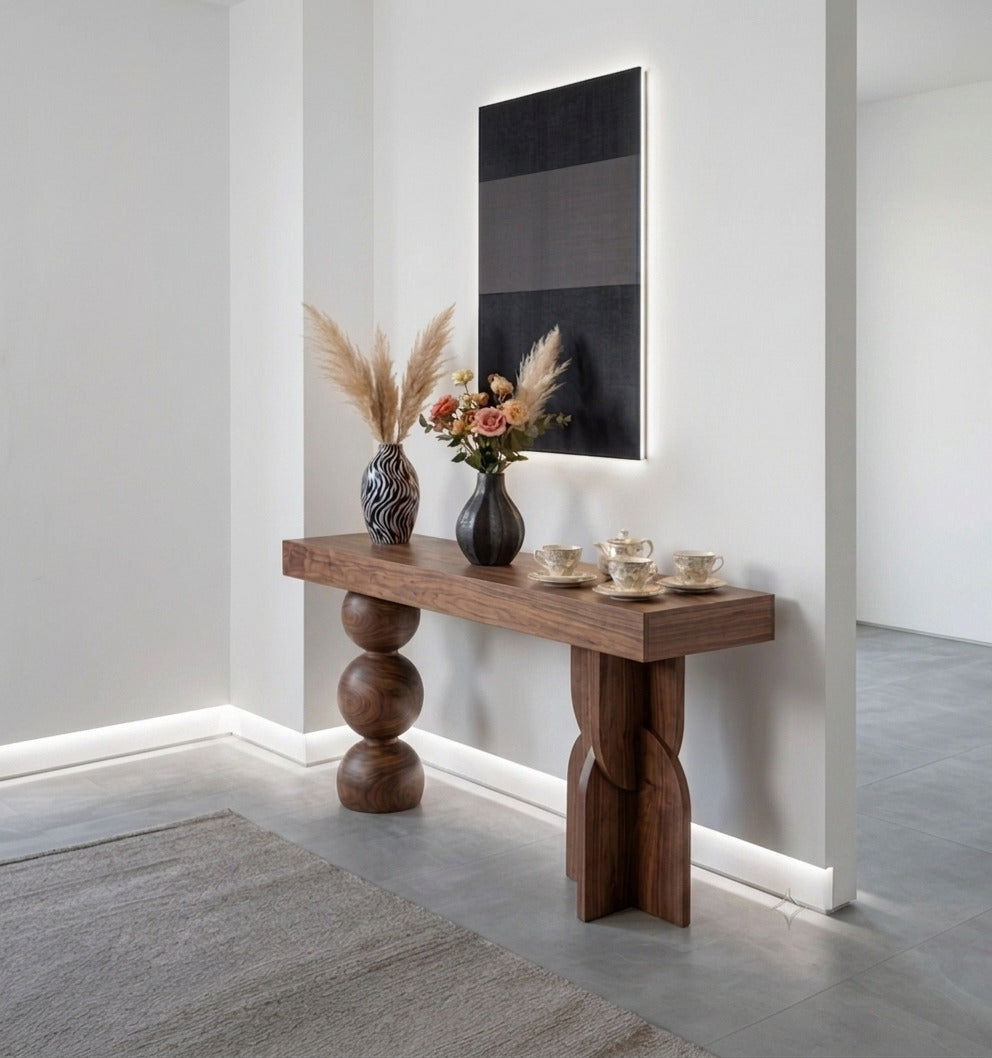 Sphere base wooden console table in a stylish living space