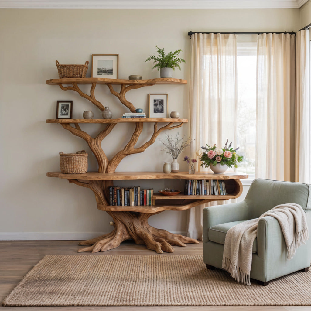 Handgemaakte boomwortel boekenkast van natuurlijk hout