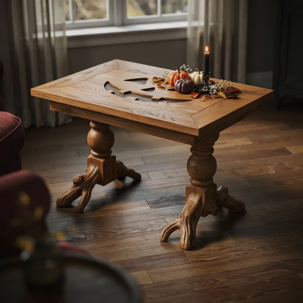 Organische massief houten salontafel in een sfeervol modern interieur