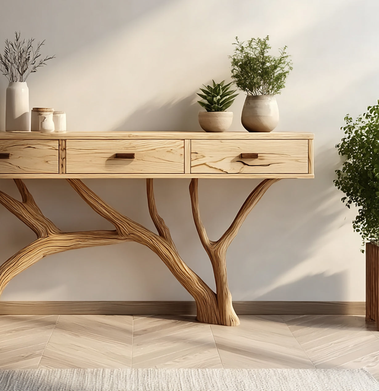 Organische Moderne Consoletafel – Live Edge Houten Tafel met Takkenbasis