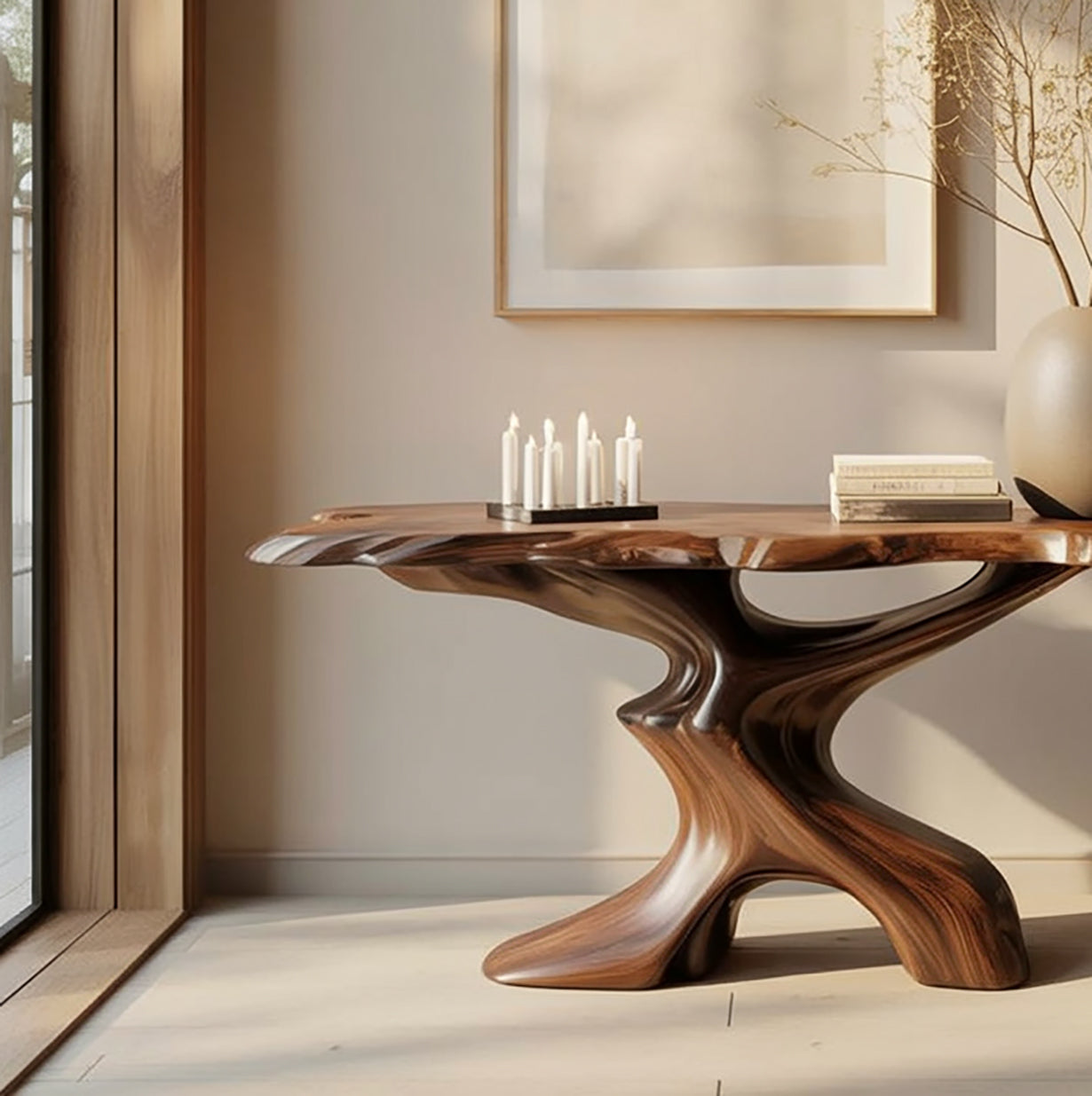 Organische Moderne Consoletafel – Live Edge Houten Tafel met Takkenbasis
