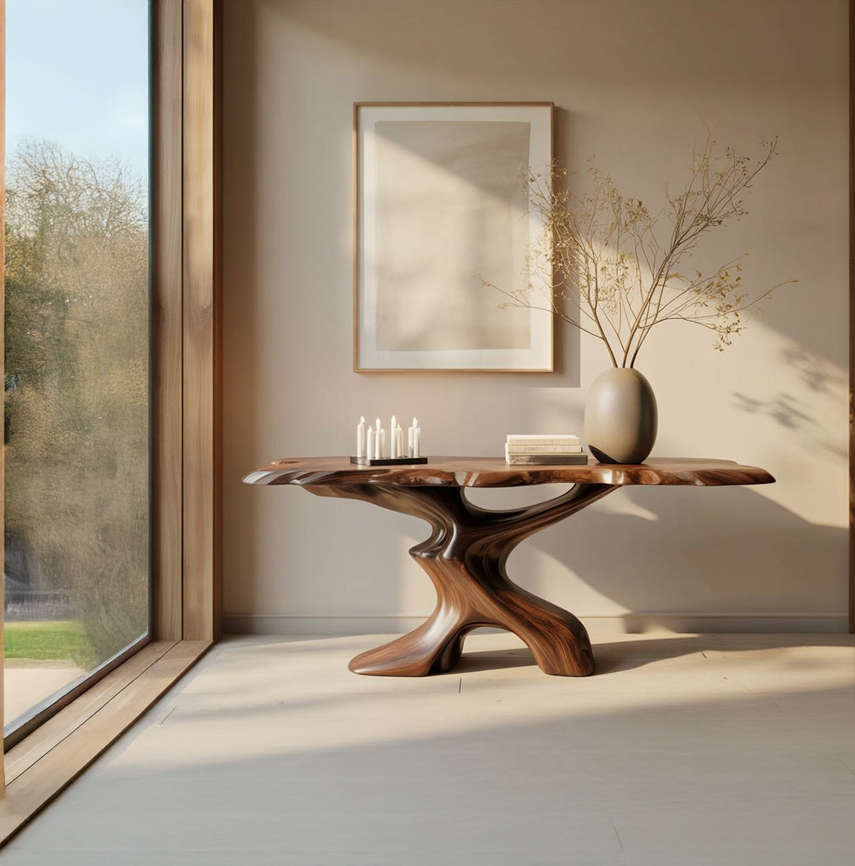 Organische Moderne Consoletafel – Live Edge Houten Tafel met Takkenbasis