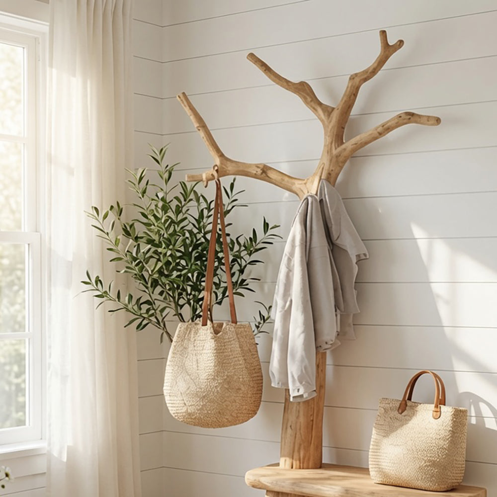 Sculpturale massief houten kapstok met halbank