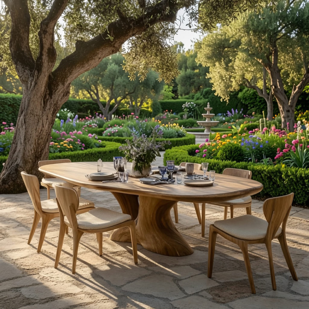 Handgemaakte rustieke eettafel voor gezellige diners in tuin en op terras