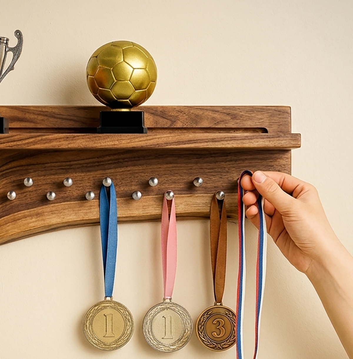 Sportmedaille displayrek met natuurlijk boomrand houtdesign